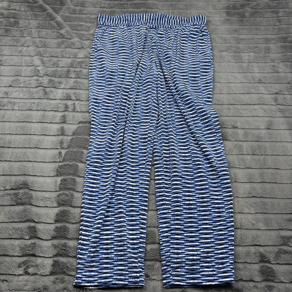 Chicos Blue White Abstract Wave Print Ankle Pants Size 2 Large Elastic Waist